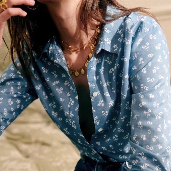 Sezane Tops - Sezane Ann Blue & Ecru Mini Flowers Shirt -- Size 10 US / 42 FR